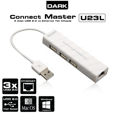DARK Connect Master DK-AC-USB23L, Ethernet Girişli Çevirici ve 3 Port USB 2.0 Çoğaltıcı