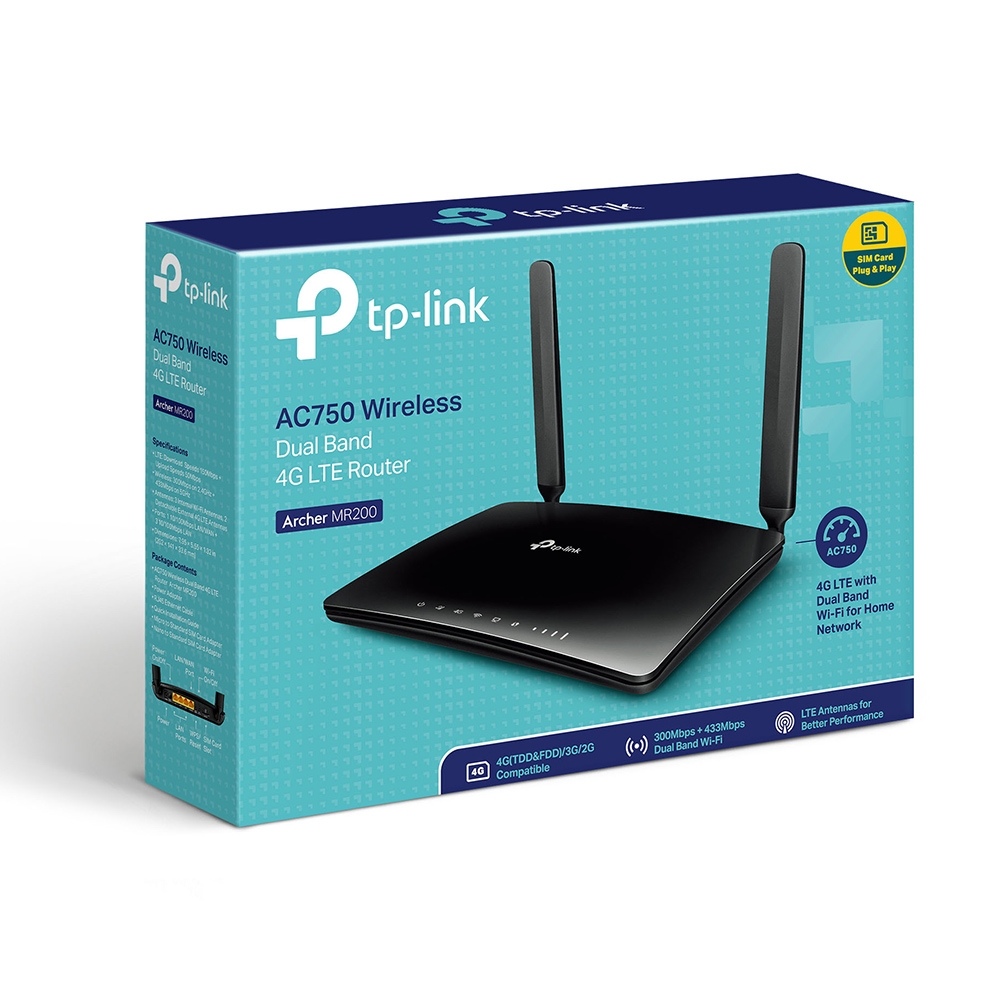 TP-LINK Archer MR200, AC750 (433Mbps 5GHz + 300Mbps 2.4GHz), 4 Port, Dual Band Wireless 4G LTE Router