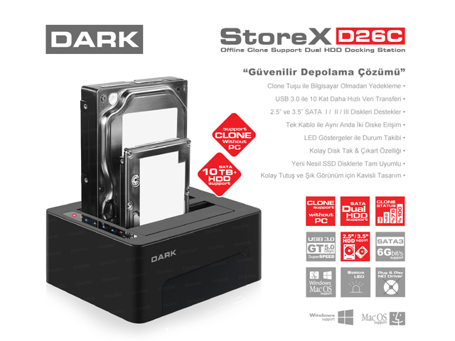 DARK StoreX DK-AC-DSD26C, Çiftli 3.5"/2.5" USB3.0 SATA Disk İstasyonu