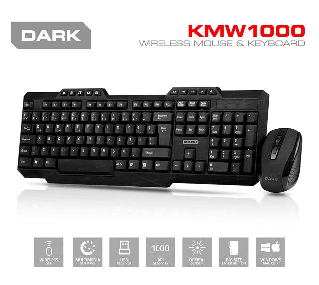 Dark Multimedia Butonlu Türkçe Q Kablosuz Klavye & Mouse Set - DK-AC-KMW1000