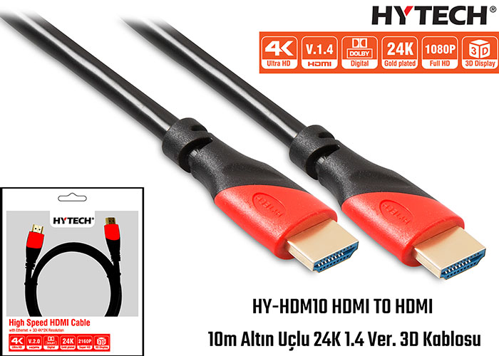 HYTECH HY-HDM10 HDMI TO HDMI ALTIN UCLU 24K 1.4 VER. 3D KABLO 10MT
