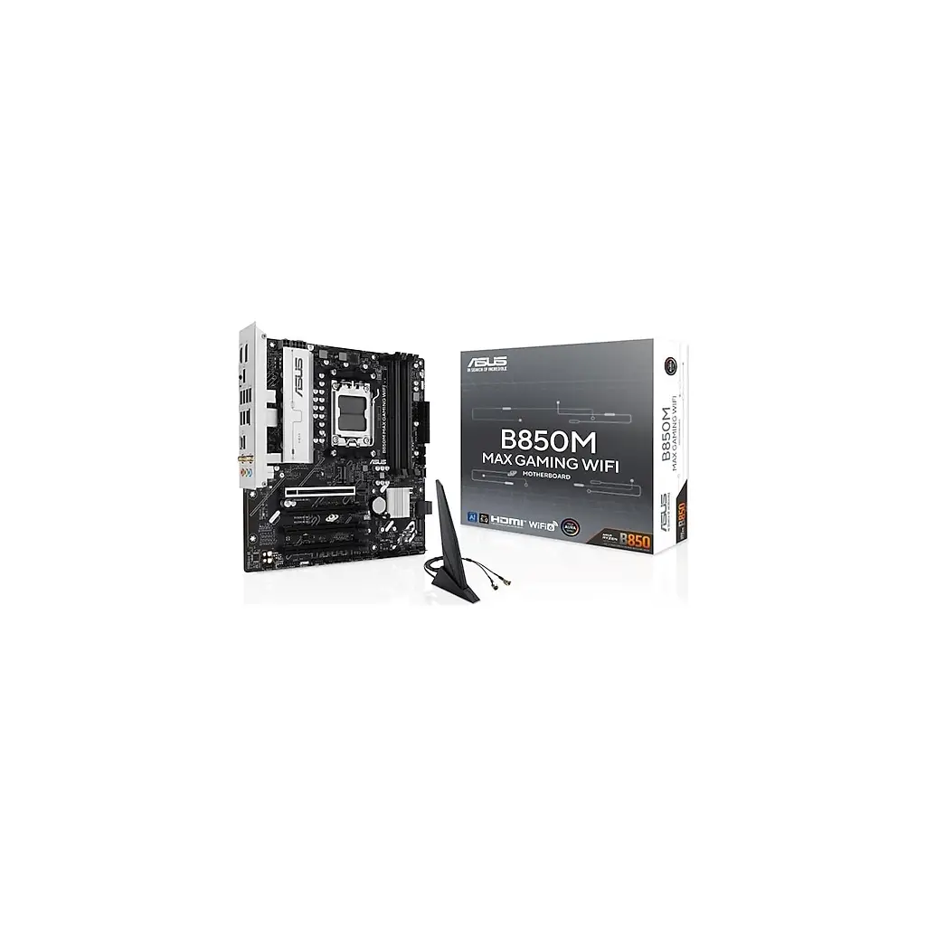 ASUS MB B850M MAX GAMING WIFI AMD B850 AM5 DDR5 8000 DP HDMI 3x M2 USB3.2 WiFi 6 + BT AURA RGB mATX 256GB’a kadar ram desteği, 8+2+1 Güç Aşamaları, 1x