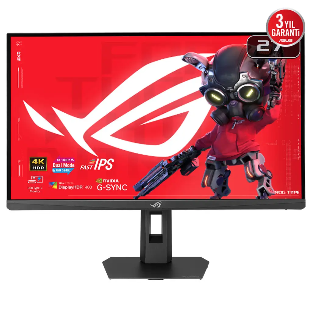 ASUS ROG STRIX XG27UCSR 27 DUAL MODE FAST IPS FREESYNC VE G-SYNC UYUMLU HDR 3840x2160 0.3ms 4K-160Hz/FHD 324Hz 400cd DP HDMI USB-C YOK VESA 3YIL