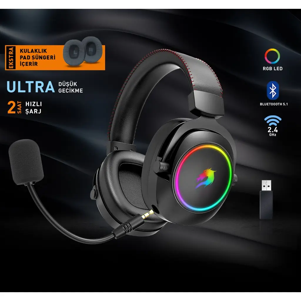 GameBooster WBH44 RGB Wireless 2.4G+BT Siyah Oyuncu Kulaklığı