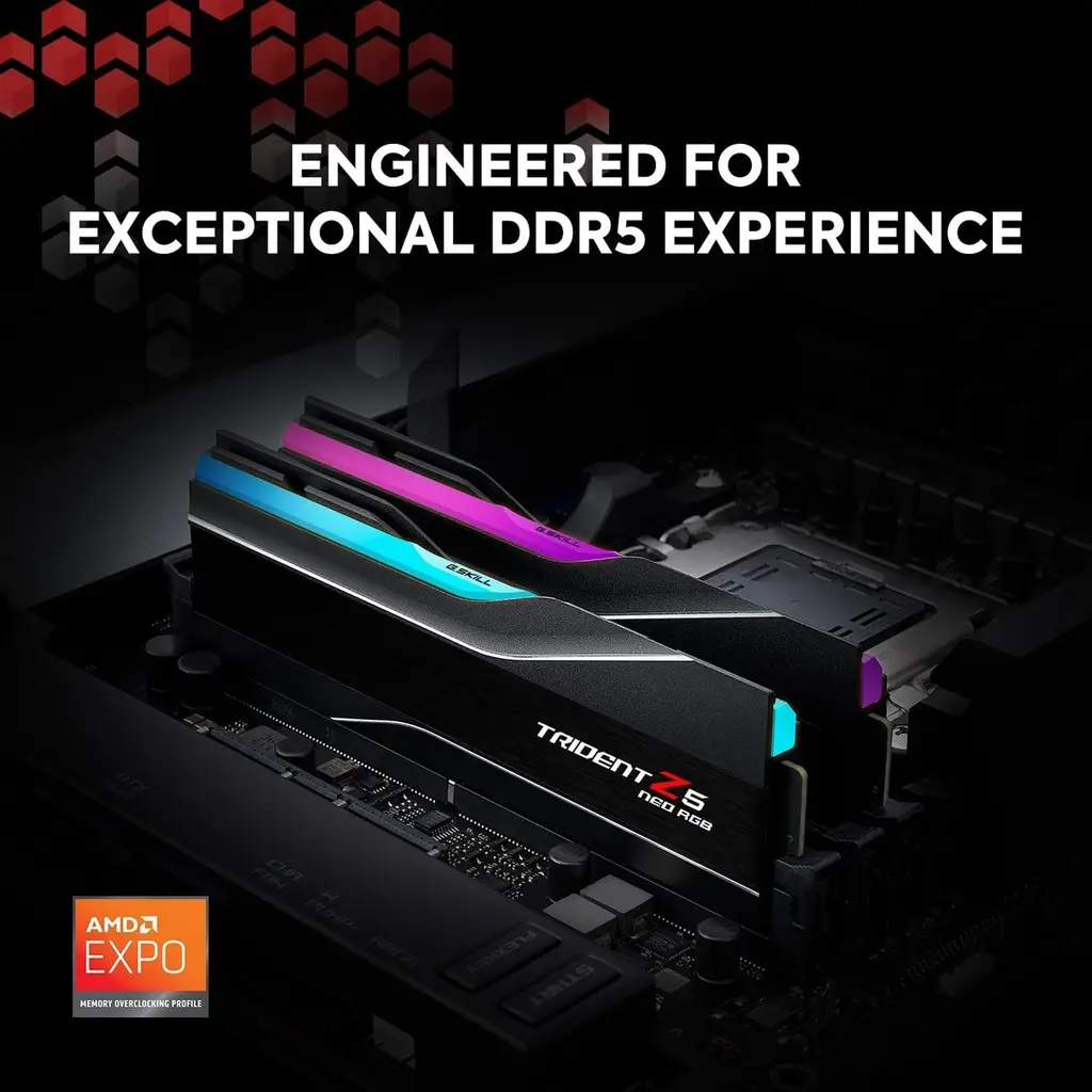 GSKILL TZ5 Neo RGB Siyah DDR5-6000Mhz CL26 32GB (2x16GB) DUAL (26-36-36-96) 1.45V AMD EXPO Teknoloj
