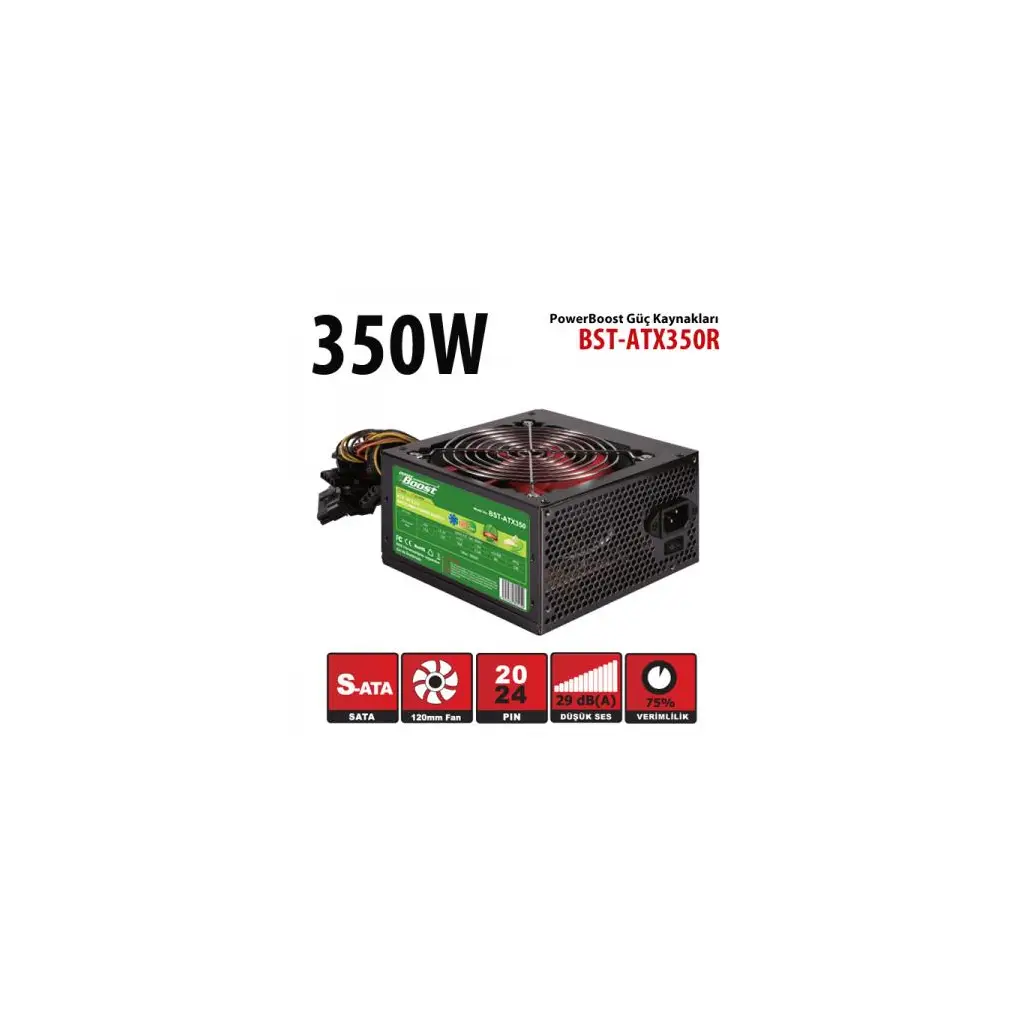 PowerBoost BST-ATX350R 350w, PPFC 12cm Kırmızı Fanlı ATX PSU Power kablo (Retail Box)